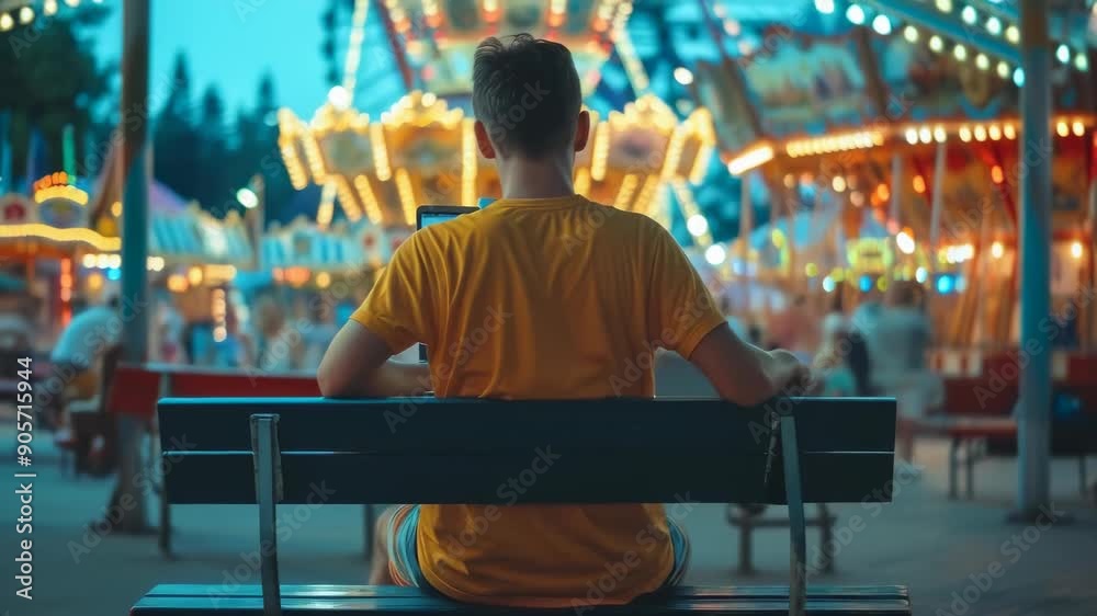 A young man, caucasian, wearing a yellow shirt sits on a bench at a brightly lit carnival during the evening. The colorful lights and rides in the background create a lively atmosphere. A young man, caucasian, wearing a yellow shirt sits on a bench at a brightly lit carnival during the evening. The colorful lights and rides in the background create a lively atmosphere.