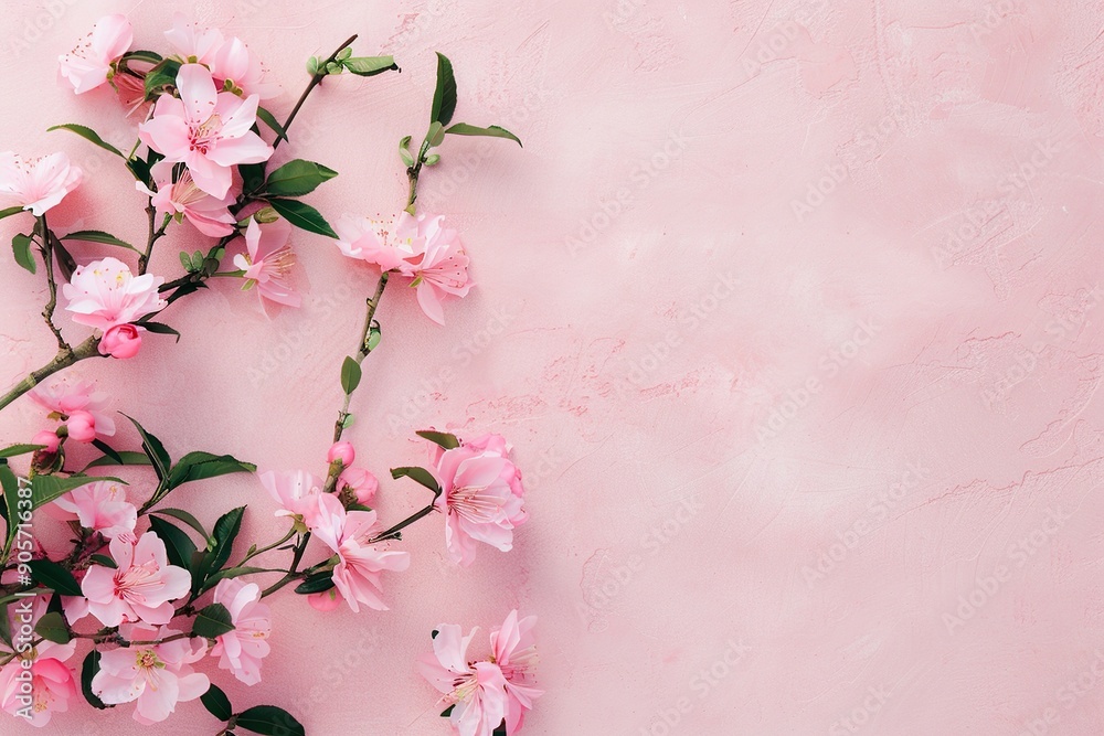 Aesthetic pink background with delicate peach blossom flowers on the left side Aesthetic pink background with delicate peach blossom flowers on the left side