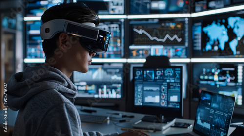 Analyst Using VR Headset for Data Analysis in High-Tech Control Room