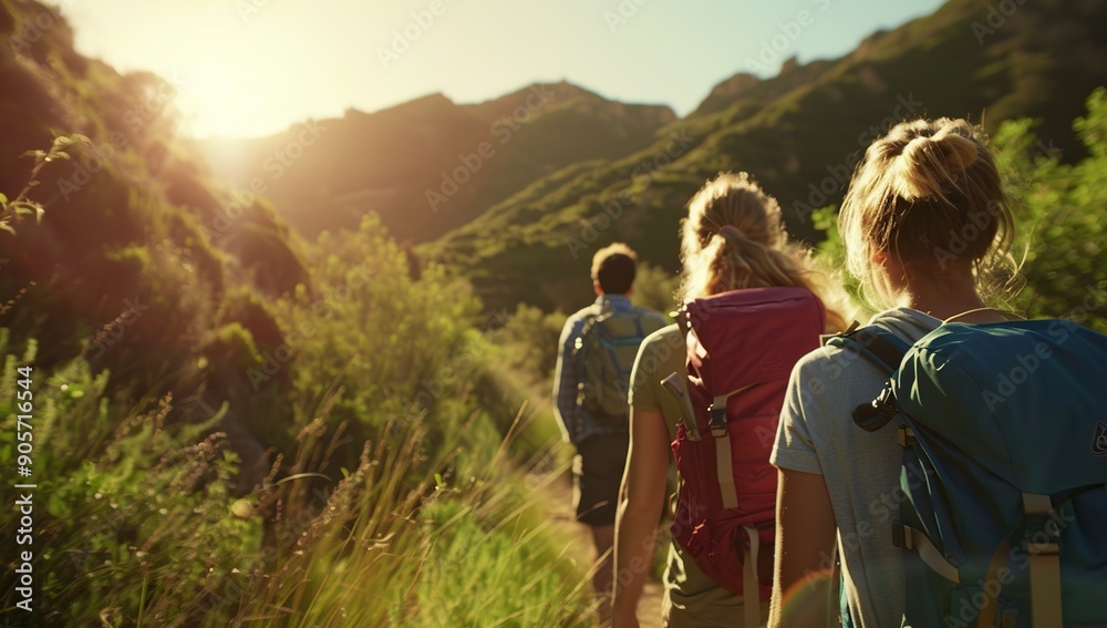 Fototapeta premium Three friends hike together in lush mountains enjoying nature and warm sunlight