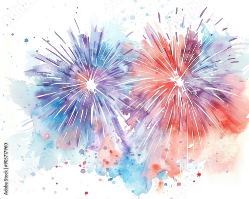 Fireworks Watercolor. Color Stylized Illustration of Festive Celebration in Blue and Red © Popelniushka