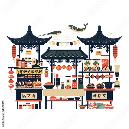 Traditional Asian street food market various stalls lanterns. Food vendors selling dumplings, beverages, snacks, delicacies. Vibrant illustration featuring pagodastyle roofs, red hanging lanterns