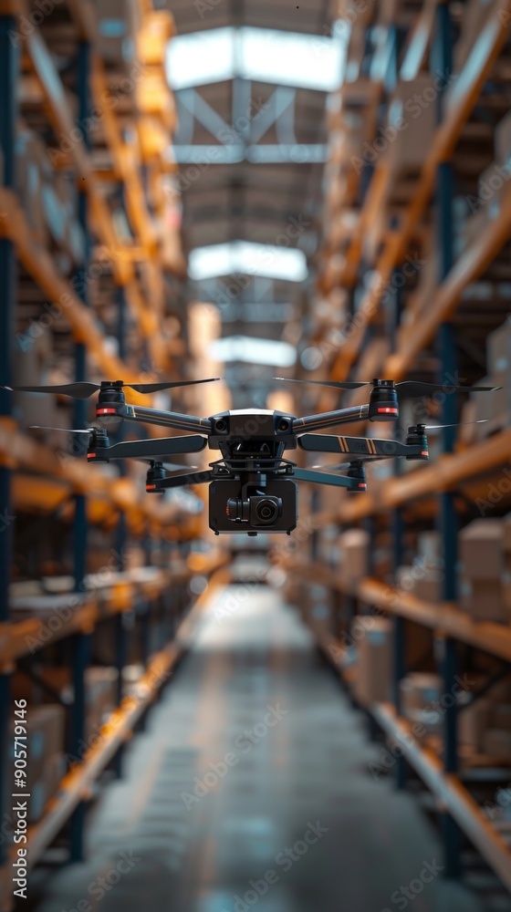 Innovative Industrial Solution: Autonomous Drones Delivering Parts in a Warehouse, Embracing the Concept of Warehouse Automation, Drone Technology, and Industrial Efficiency. Innovative Industrial Solution: Autonomous Drones Delivering Parts in a Warehouse, Embracing the Concept of Warehouse Automation, Drone Technology, and Industrial Efficiency.