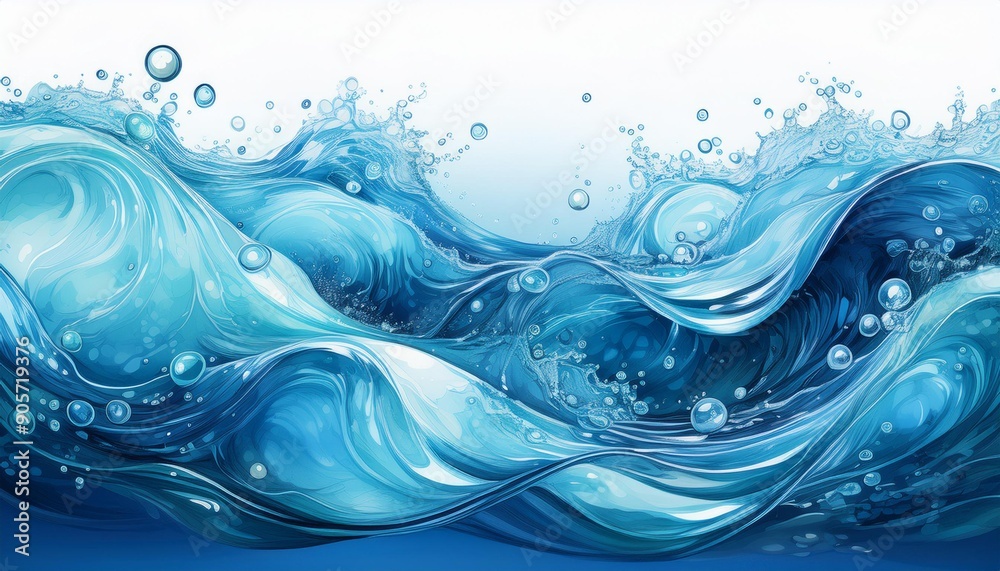 abstract blue background with waves, water drops on blue, waves with air bubbles, isolated on white background