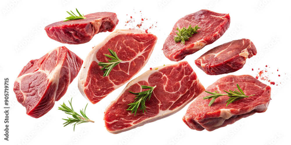 Fresh Raw Meat Steaks with Rosemary and Spices Isolated on Black Background Fresh Raw Meat Steaks with Rosemary and Spices Isolated on Black Background