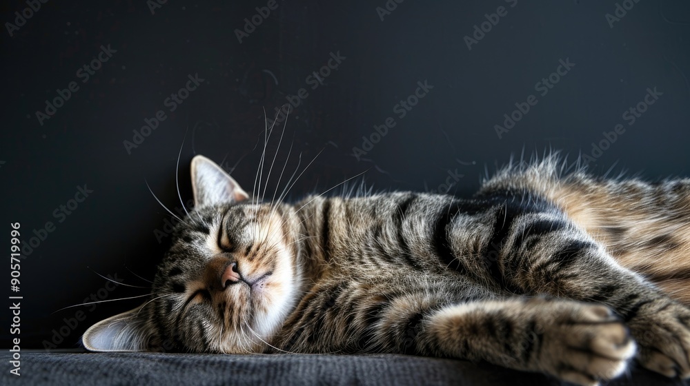 Tabby reclining and napping against black wall Tabby reclining and napping against black wall