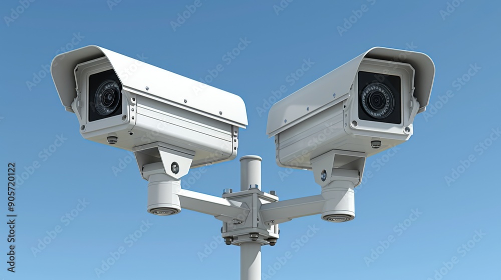 Two Outdoor Security Cameras on Mounting Pole Against Clear Blue Sky. Two Outdoor Security Cameras on Mounting Pole Against Clear Blue Sky.