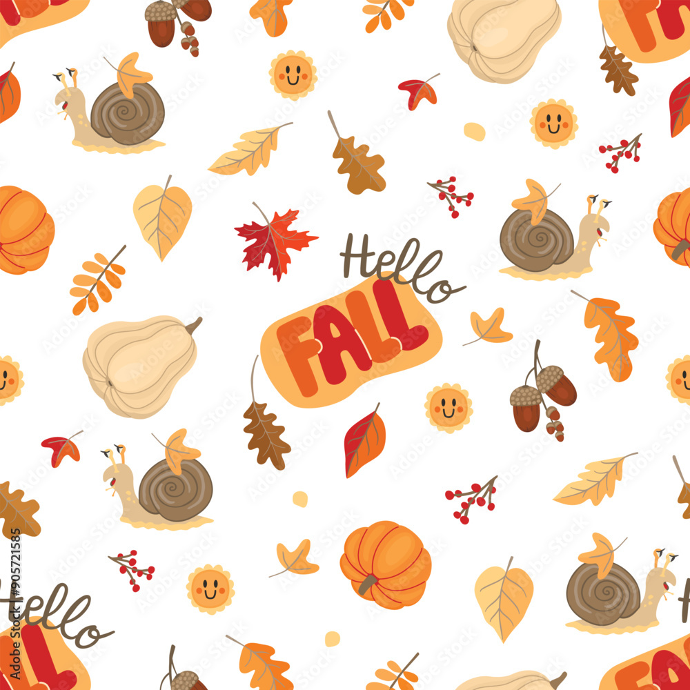 Funny seamless pattern with hand written Hello Fall and cartoon snail.Autumn background with cute wild animal,leaves,berries, pumpkins.Vector designs set isolated on white.Print on fabric and paper. Funny seamless pattern with hand written Hello Fall and cartoon snail.Autumn background with cute wild animal,leaves,berries, pumpkins.Vector designs set isolated on white.Print on fabric and paper.
