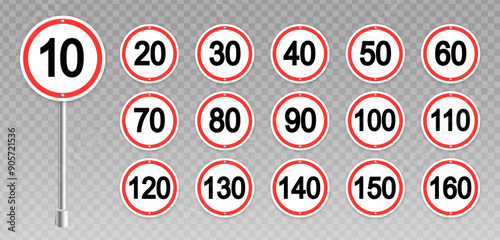 Speed limit sign icon set. 10 to 160 km car speed limit sign set with black number and red circle. Vector illustration