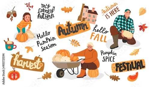 Autumn outdoor activities collection with people,hand written,house, fall plants.Girl with pumpkins, farmer and old woman with wheelbarrow full of fruit.Vector designs set in color isolated on white.