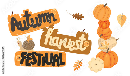Autumn harvest festival poster with hand written,cartoon snail and pumpkins.Colorful banner with lettering,fall leaves and cute animal character.Vector designs set isolated on white.Print on fabric.