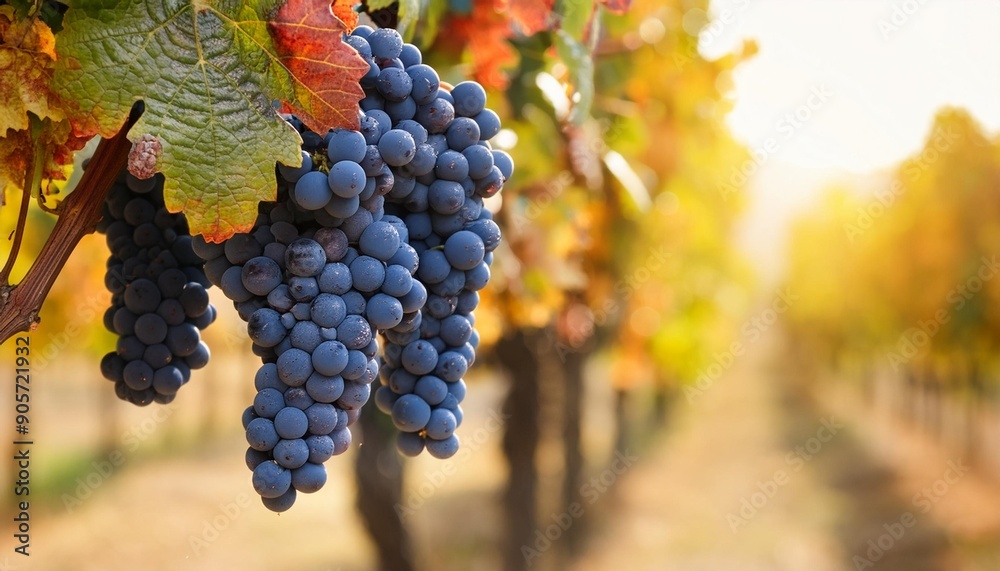 Naklejka premium bunch of blue grapes hanging on vineyard in autumn day