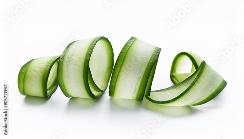 fresh cucumber ribbon peels on white background