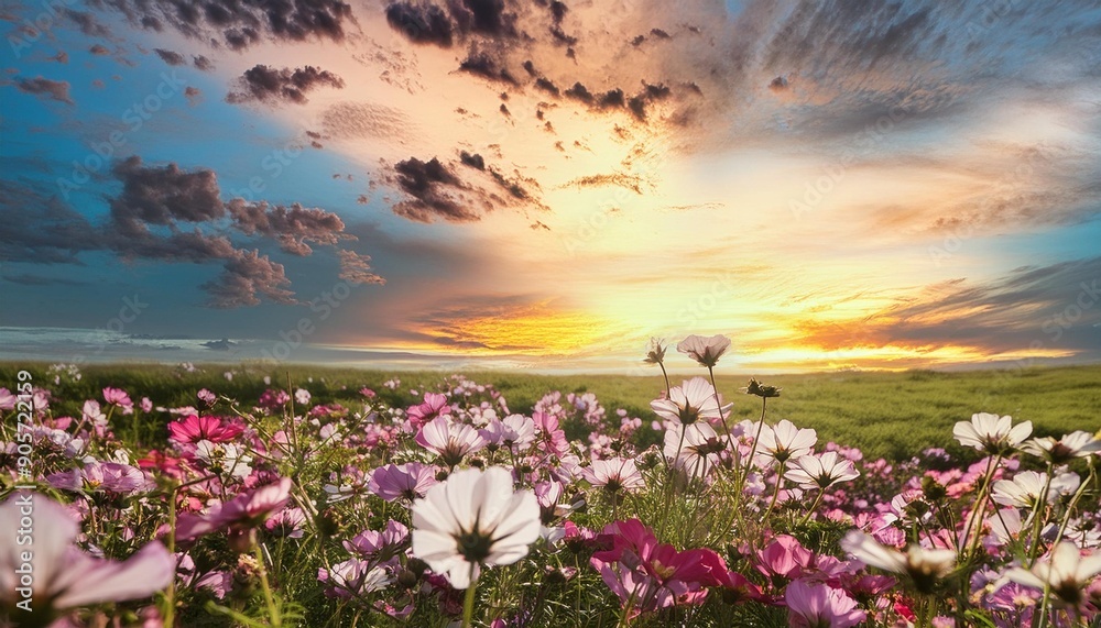 Obraz premium a bright afternoon sky with a few clouds above a blooming flower meadow japanese animation background