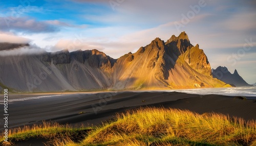 dune landscape in front of mountain range in the morning light klifatindur with vestrahorn hoefn austurland iceland europe photo