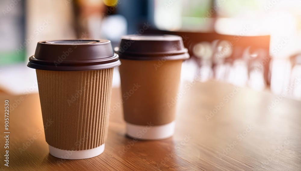 two paper cups of coffee on wooden table in cafe closeup coffee to go concept