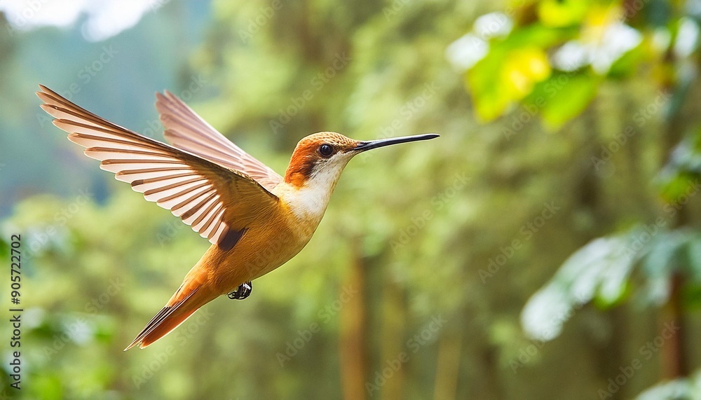 flying hummingbird with green forest in background small colorful bird in flight digital art flying hummingbird with green forest in background small colorful bird in flight digital art