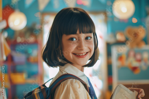 A cheerful young girl in a school uniform smiles brightly while holding her supplies in a vibrant, decorated classroom.