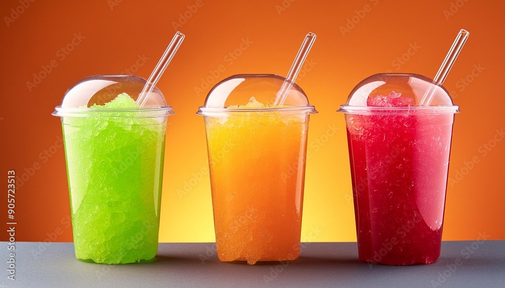 three colorful fruity slushie drink in plastic cup on gradient orange background with copy space multicolored frozen juice cocktail slush summer tropical crushed ice beverage take away food three colorful fruity slushie drink in plastic cup on gradient orange background with copy space multicolored frozen juice cocktail slush summer tropical crushed ice beverage take away food