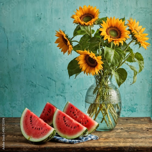 A wooden table with a vase of sunflowers and slices of watermelon arranged on a cloth. The background of the image is a wall.