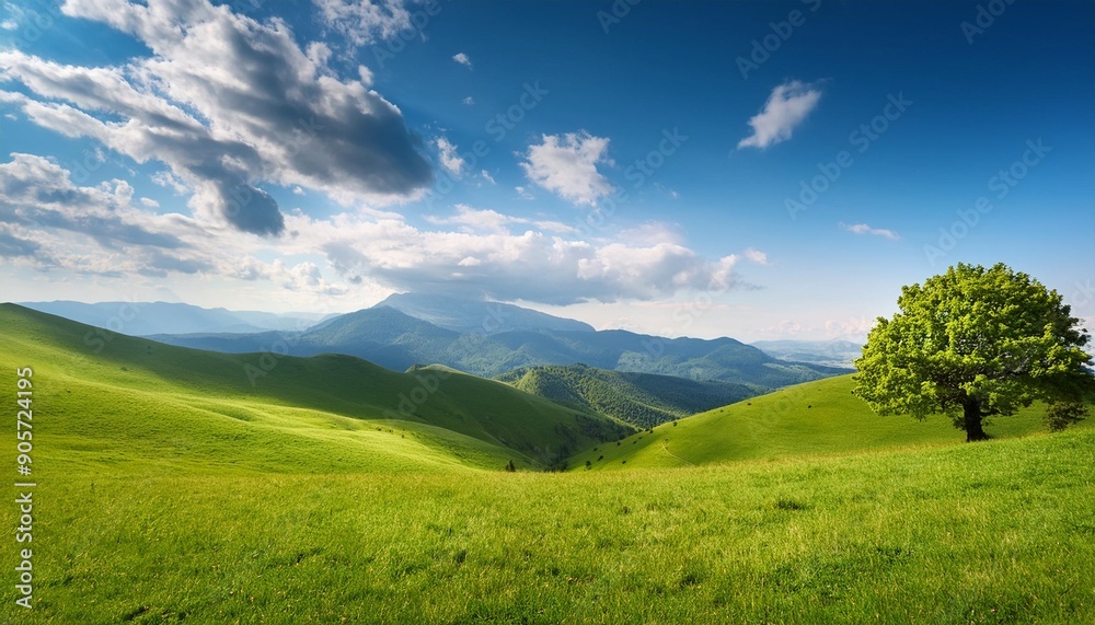 breathtaking landscape with lush green meadow mountains in the background and a tree under a bright blue sky with fluffy clouds breathtaking landscape with lush green meadow mountains in the background and a tree under a bright blue sky with fluffy clouds