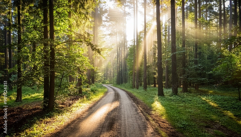 Obraz premium road in polish wild forest with visible sun rays kampinos national park poland