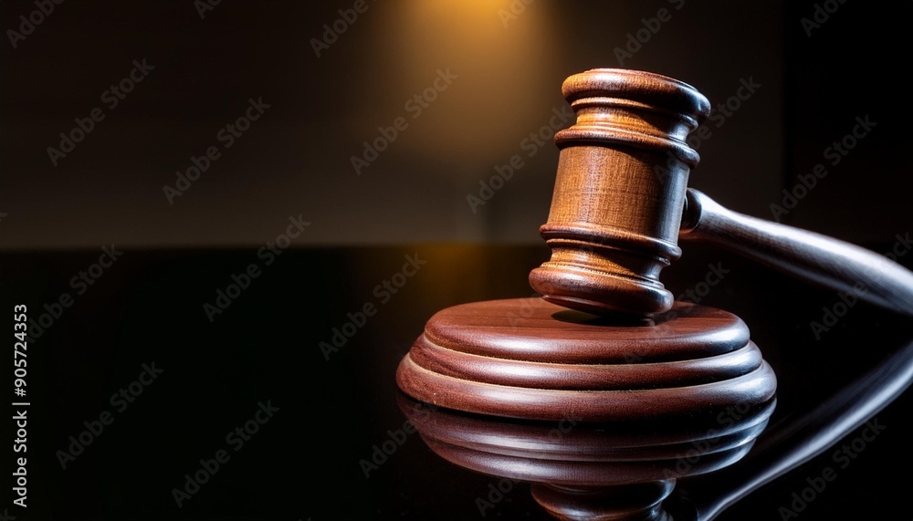 this image captures a solitary wooden gavel resting on a reflective surface highlighted by the soft glow of ambient lighting wooden gavel on reflective surface in dim light this image captures a solitary wooden gavel resting on a reflective surface highlighted by the soft glow of ambient lighting wooden gavel on reflective surface in dim light