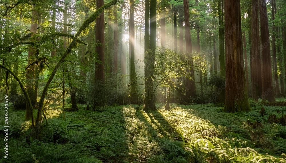 Fototapeta premium sunlight filters through dense forest canopy casting dappled light on verdant underbrush below tall trees dominate scene their thick trunks creating ethereal atmosphere