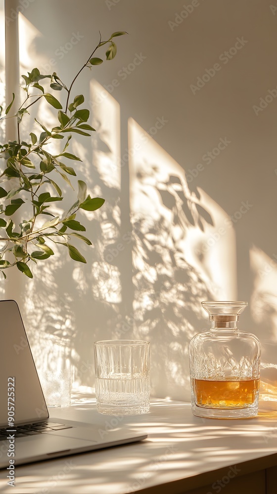 Front view home office desk. Blank screen laptop, glasses, water decanter, and glass on white table. Gentle sunlight and shadows. Copy space Front view home office desk. Blank screen laptop, glasses, water decanter, and glass on white table. Gentle sunlight and shadows. Copy space