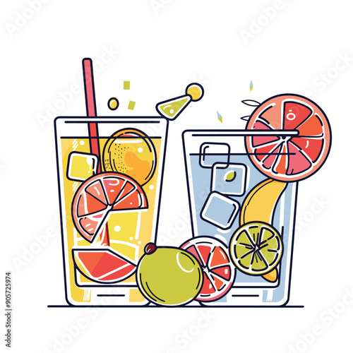 Two refreshing glasses one contains orange juice ice cubes, lemon, citrus slices, straw, other, blue cocktail ice cubes, lime, grapefruit slices, banana slice details. Bright summery beverages