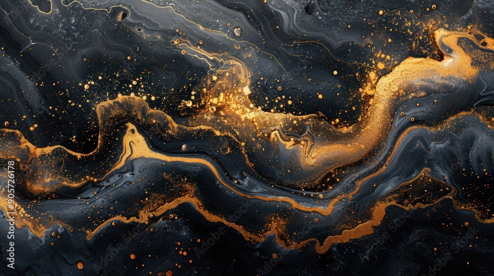 Fototapeta premium A luxurious gold abstract design on a black marble background, featuring intricate paint patterns and fluid watercolor textures, with white ink splashes and a modern oil brush effect