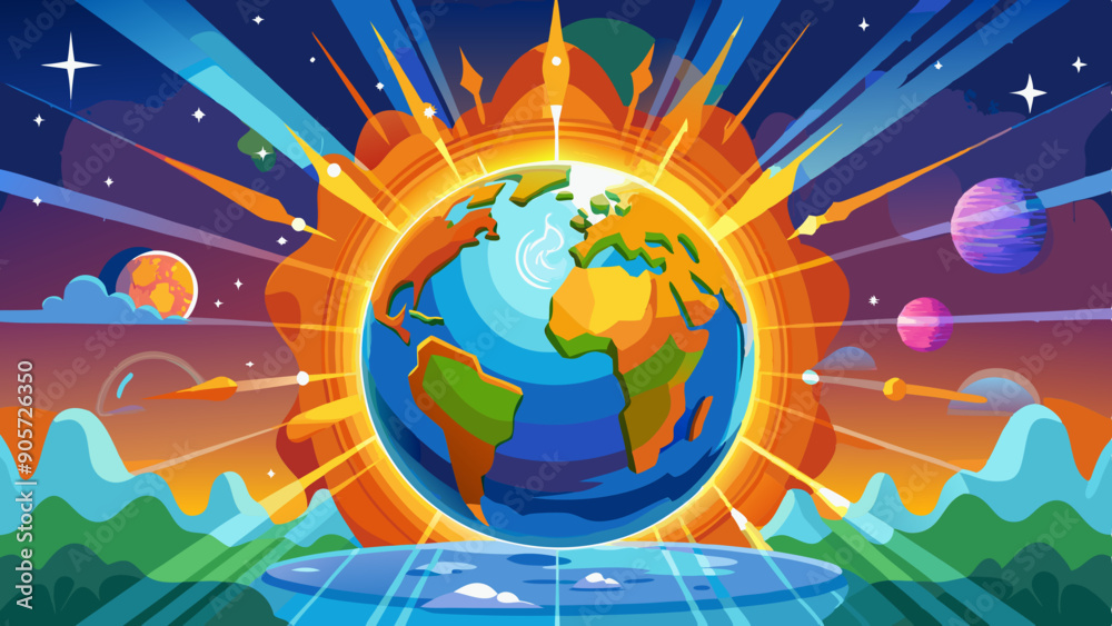 Naklejka premium Vibrant Earth Glowing Cosmic Sunlight Planetary Wonders Universe 