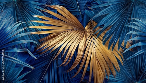 wallpaper made of palm leaves in blue and gold in the style of photorealistic pastiche