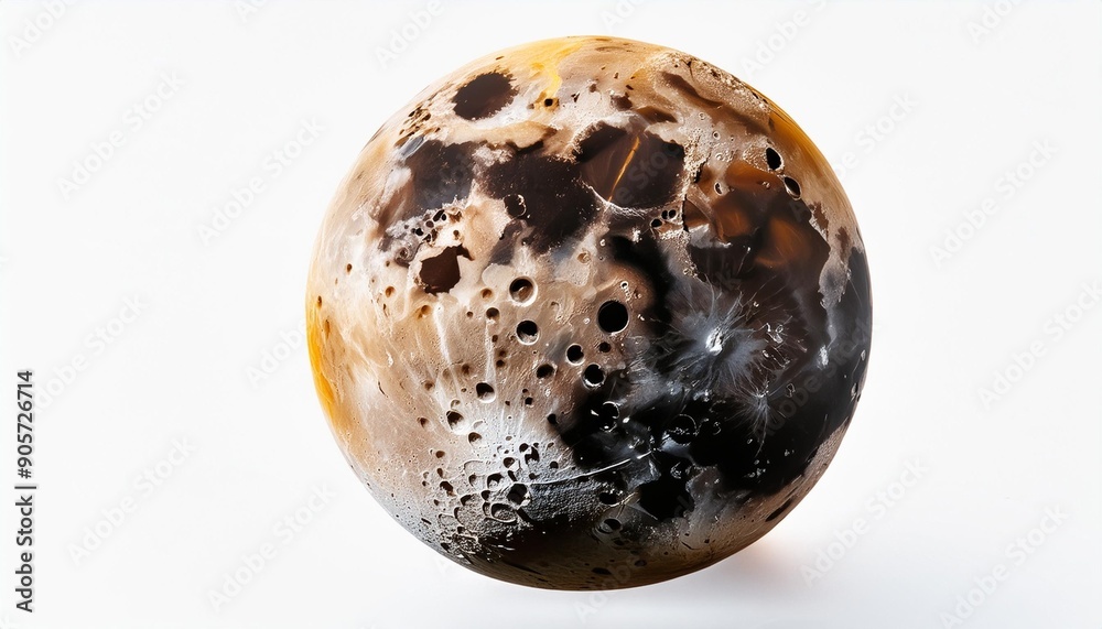 a cratered moon orbiting a distant planet with its rugged surface and various impact craters isolated on white background a cratered moon orbiting a distant planet with its rugged surface and various impact craters isolated on white background