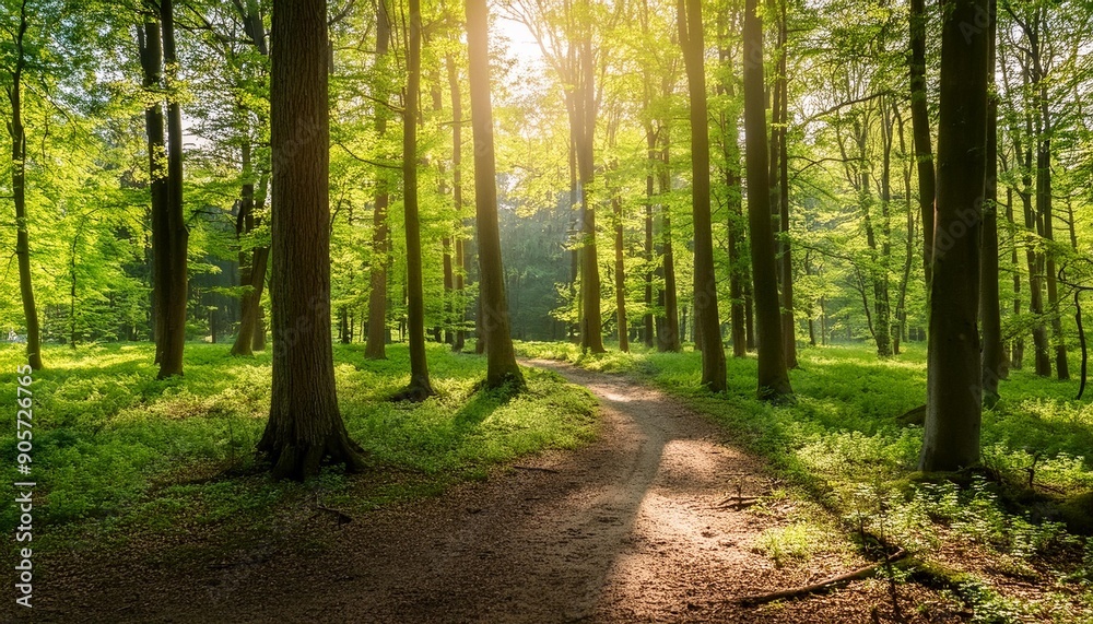 Obraz premium green forest and path in spring at sunlight poland