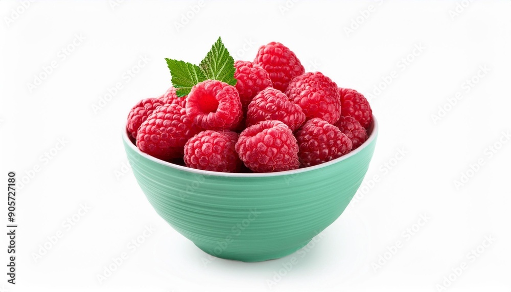 raspberries in mint bowl isolated on white background raspberries in mint bowl isolated on white background
