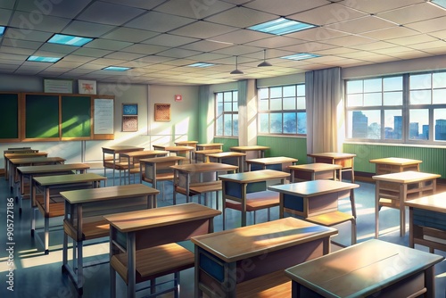 Sunbeams dance on empty desks in a quiet classroom