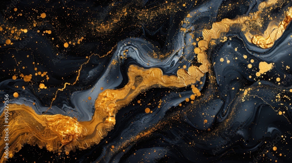 An abstract luxury background with gold and black marble, showcasing fluid watercolor patterns, white ink splatters, and contemporary oil brush effects for a modern, artistic touch