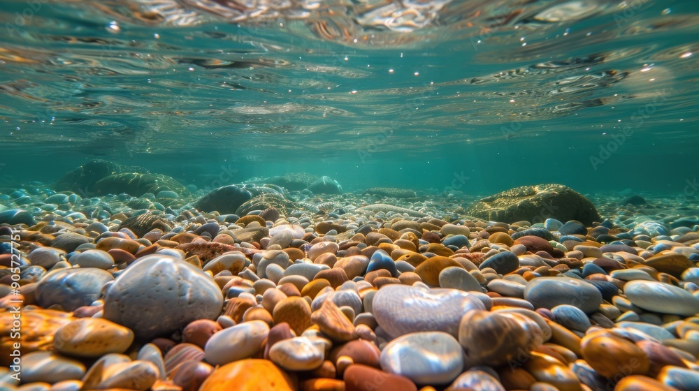 Fototapeta premium Underwater View of Smooth Pebbles on Seabed