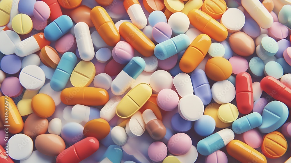 A vibrant and detailed image showcasing an assortment of various pills and tablets A vibrant and detailed image showcasing an assortment of various pills and tablets