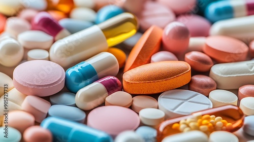 A vibrant and detailed image showcasing an assortment of various pills and tablets