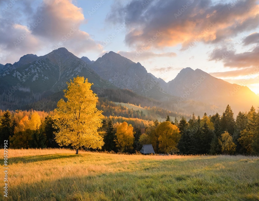 Beautiful autumn evening on a pasture under rocky mountains with a wild forest, a beautiful yellow tree in the middle of a meadow and a colorful dramatic sky. High tatras NP, Poland, Slovakia Beautiful autumn evening on a pasture under rocky mountains with a wild forest, a beautiful yellow tree in the middle of a meadow and a colorful dramatic sky. High tatras NP, Poland, Slovakia