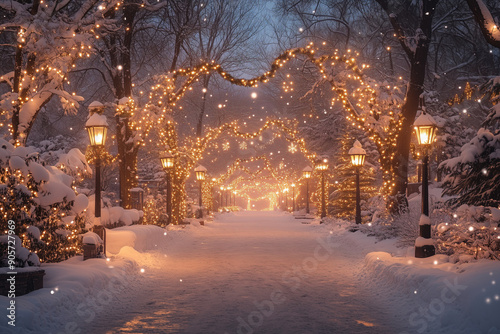 A magical winter wonderland with snow-covered trees, twinkling lights, and festive decorations, creating a perfect holiday scene.