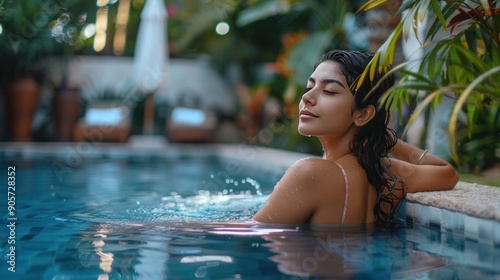 Happy young Indian woman relaxes in the pool at her villa. Summer concept about lifestyle