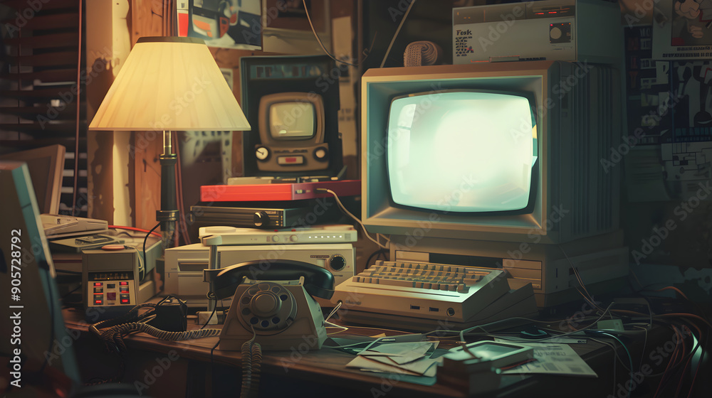 A Nostalgic Display of Obsolete Technology: Rotary Phones, Floppy Disks, and CRT TVs