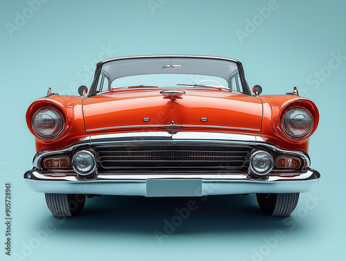 Classic orange vintage car front view displayed against soft blue background
