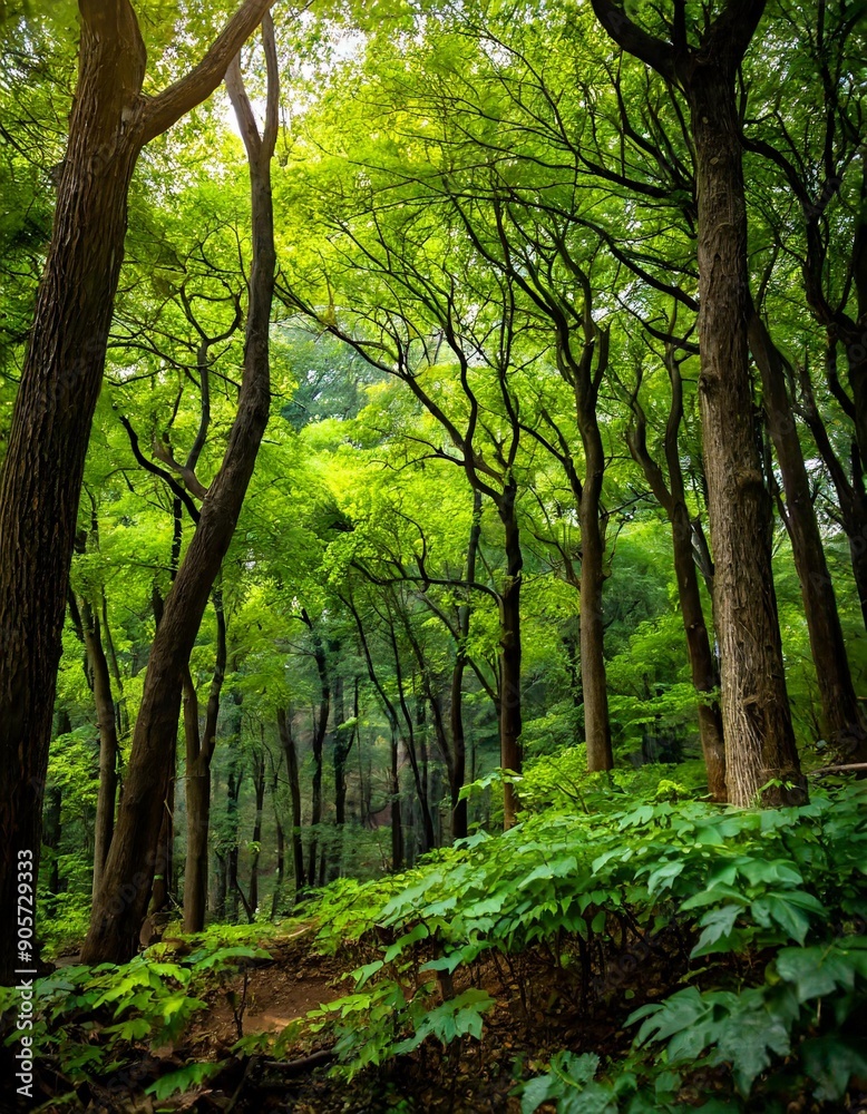 A deep forest with dazzling fresh green leaves A deep forest with dazzling fresh green leaves