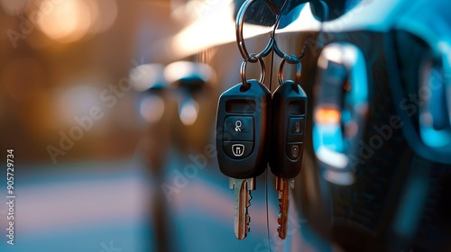 Selling involves buying, leasing, or renting a new car. A close-up shows a car key hanging from the edge of an open vehicle door.  photo