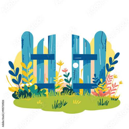 Old blue wooden gate garden surrounded colorful plants flat. Rustic fence illustration vibrant foliage isolated white background. Garden entrance shrubbery tall grass vector illustration