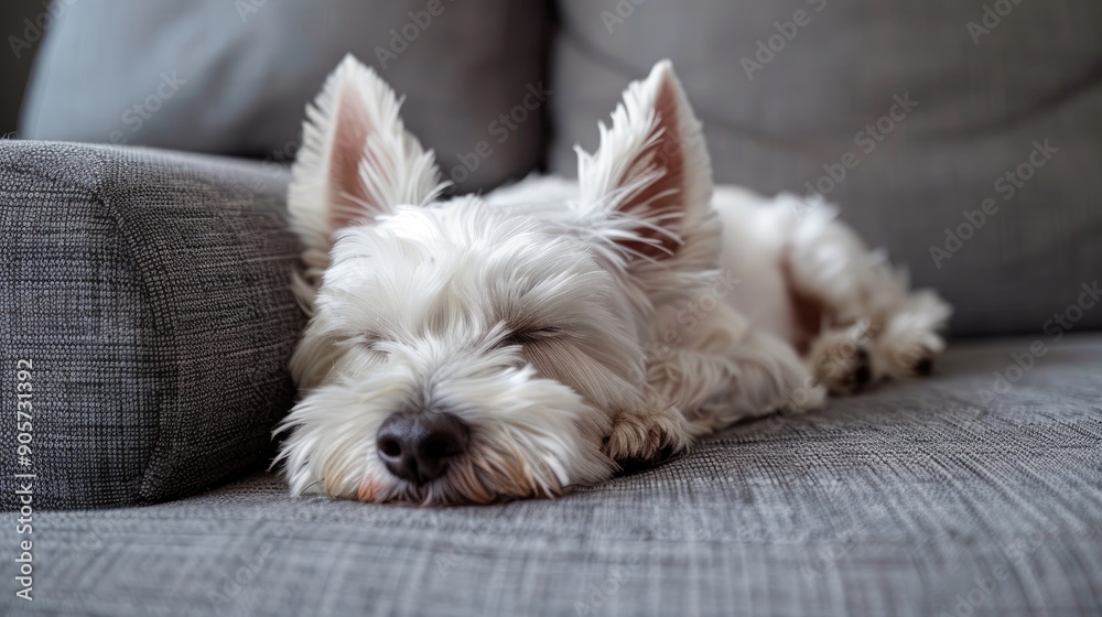 West Highland White Terrier Resting on Grey Couch Ears Upright and Eyes Shut